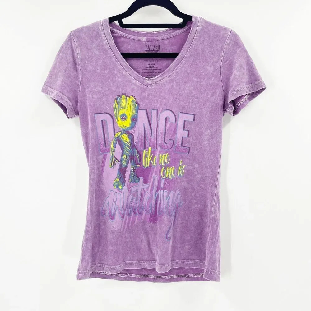 Marvel Groot Shirt Womens Size S Purple V Neck‎ Dance Like No One Is Watching